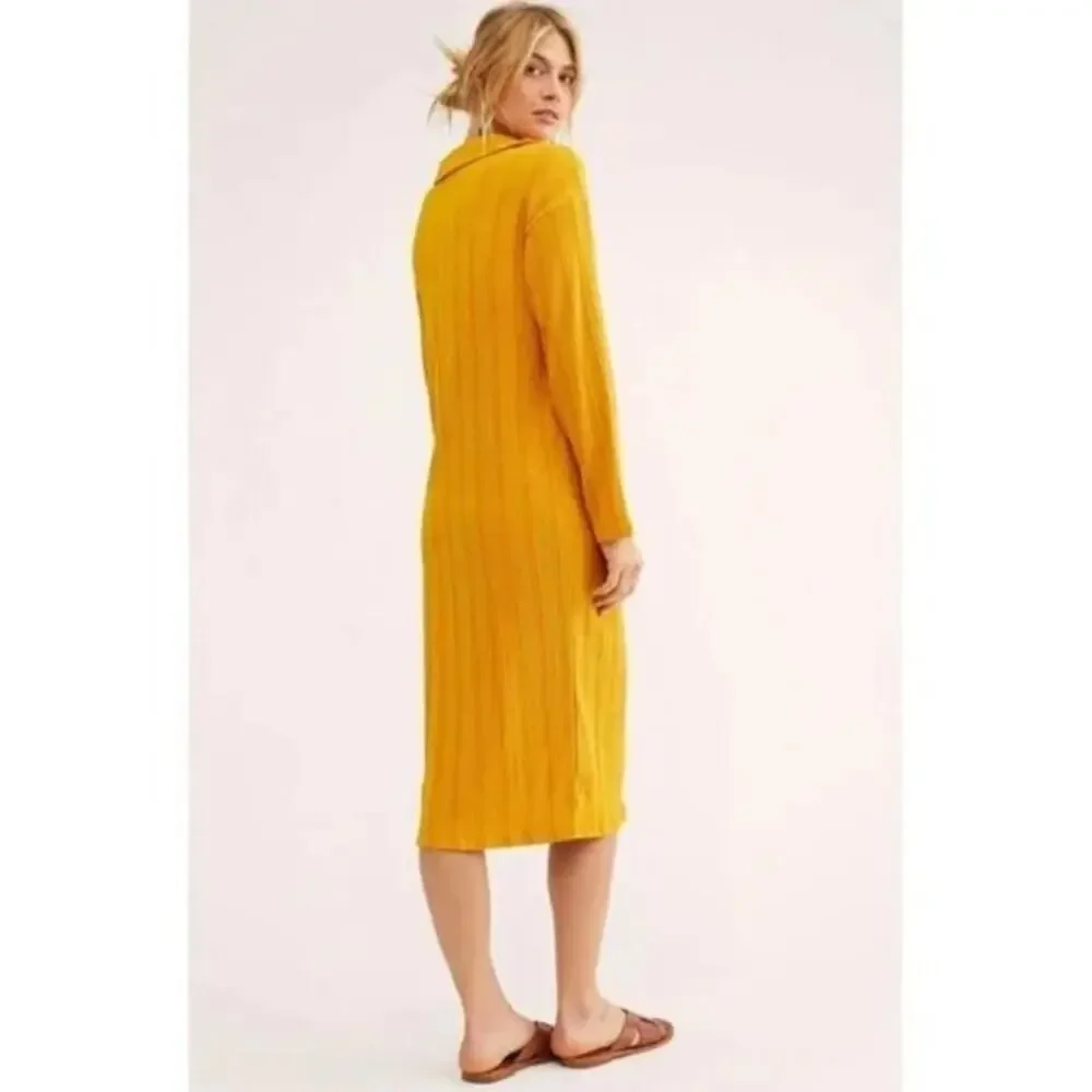 Free People FP Beach Midi Dress sz XS Collared Gold Yellow Long Sleeve *FLAW